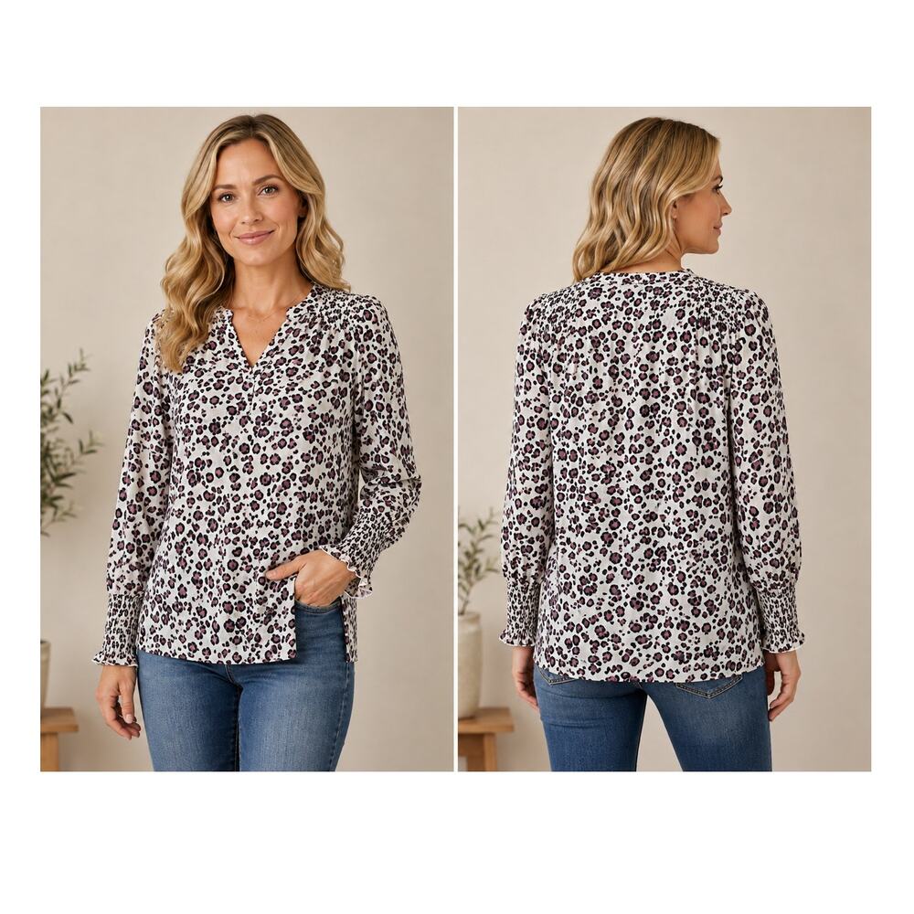 Zac & Rachel Leopard Print Blouse Large Smocked Long Sleeve Animal Print Top